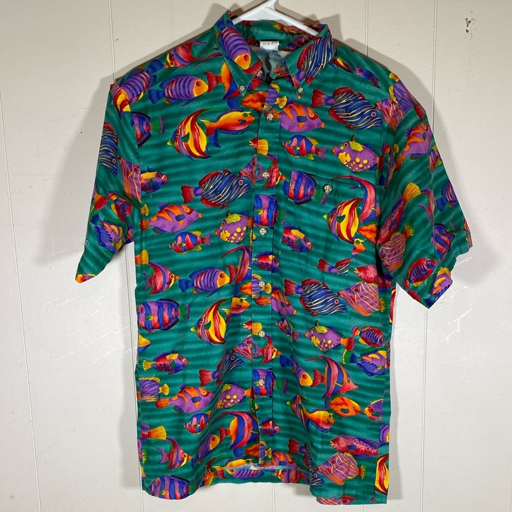 VINTAGE Angelica Men's size small Colorful Tropical Fish casual button down